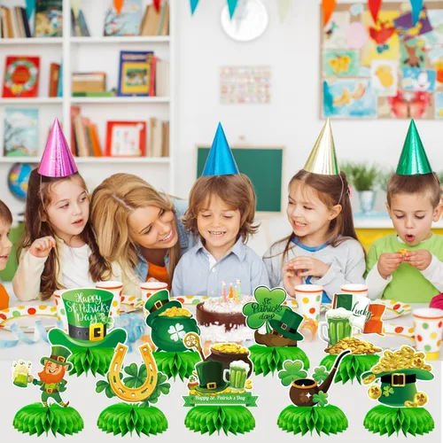 Miniatura 5 de 9 piezas de decoraciones de panal del día de San Patricio, centros de mesa de temática irlandesa surtidos con duendes, ollas de oro, tréboles
