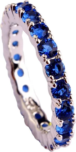Miniatura 2 de Narica Anillo de 21 piedras chapadas en plata, apilables, corte redondo, zafiro azul, circonita cúbica, relleno de circonita cúbica, halo