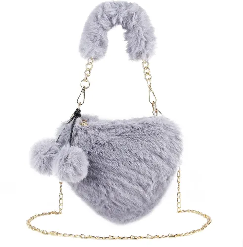 SUKUTU Faux Fur Purse Women's Heart Shaped Evening Handbags Small Cute Phone Crossbody Bag Clutches for Girls