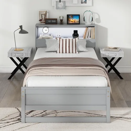 Miniatura 4 de Giantex Base de cama individual con cabecera de almacenamiento, plataforma de madera con estación de carga y luz LED, cama individual con soporte