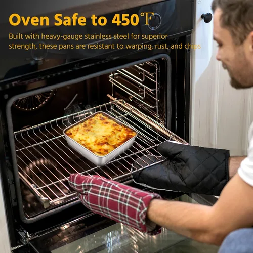 Miniatura 3 de E-far Juego de sartenes para hornear cuadradas de 6 x 6 pulgadas con tapa, bandejas pequeñas de acero inoxidable para pastel y brownie para horno