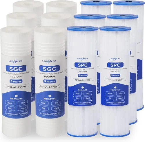 Cartucho de filtro de agua para toda la casa de 10 x 2.5, filtro de sedimento acanalado de 5 micrones y plisado de 5 micrones, paquete de 12