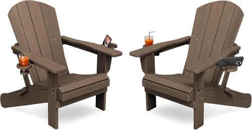 Miniatura 25 de KINGYES Silla plegable Adirondack con portavasos dobles - Sillas de exterior de HDPE para todo clima, silla de patio tipo madera para el patio Negro