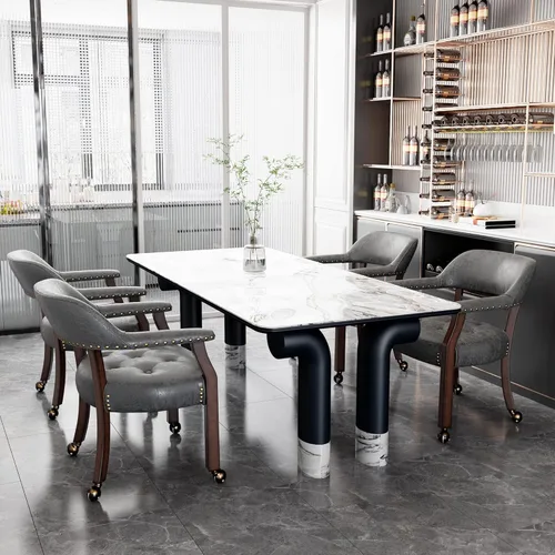 Miniatura 20 de Juego de 8 sillas de cuero de comedor con ruedas y brazos, silla de capitán Accent con ruedas, sillas de madera con ruedas enrollables para cocina