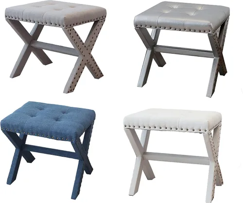 Miniatura 6 de AC Pacific Modern Chic - Taburete tapizado con tela de lino suave, ribete de cabeza de clavo, asiento copetudo y marco de madera maciza, 17 pulgadas
