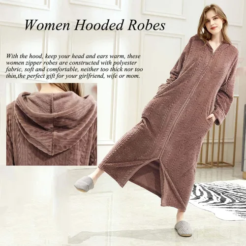 Miniatura 5 de Hellomamma Bata de baño larga con capucha y cremallera para mujer, bata de franela de forro polar, abrigo de invierno cálido para el hogar, camisón