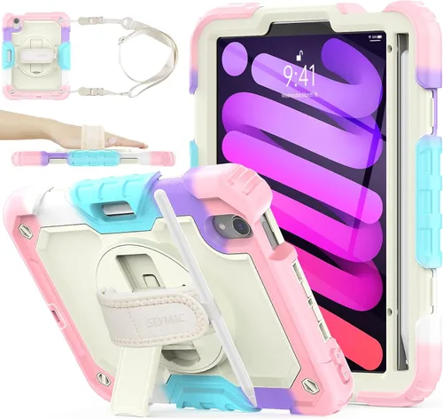 SEYMAC stock Funda para iPad Mini 7 (A17 Pro) 2024/Mini 6 de 8.3 pulgadas con protector de pantalla portalápices [correa de mano giratoria 360º] y