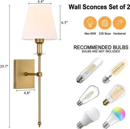 Miniatura 3 de Pauwer Juego de 2 apliques de pared delgados con pantalla de tela blanca cableada para interiores, soporte de columna para dormitorio, lámpara
