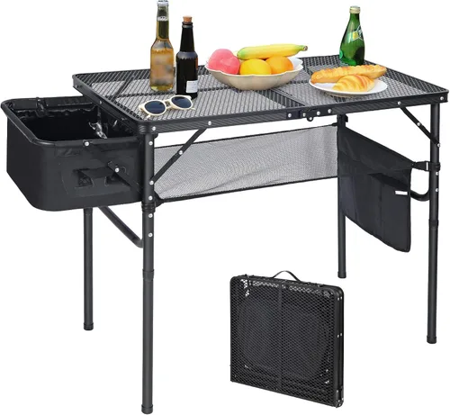 REDCAMP Mesa plegable portátil con fregadero para exterior, soporte de parrilla de metal de aluminio ligero, mesa de picnic para camping, cocina,