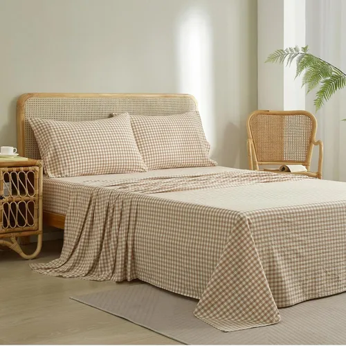 Miniatura 3 de LifeTB Tan Gingham - Juego de sábanas tamaño matrimonial, transpirables, suaves, color beige, gris topo, sábanas a cuadros 100% algodón lavado