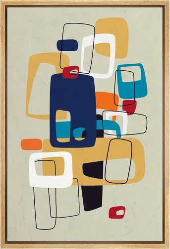 MUDECOR - Lienzo enmarcado para pared, diseño moderno de mediados de siglo, polígono colorido, collage, formas abstractas, ilustraciones,