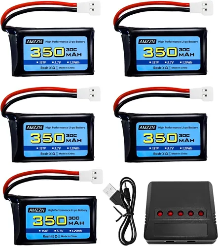 5 pilas Lipo de 3.7 V 350 mAh 1S con enchufe Molex y cargador para Syma X11C WLToys V911S RC Drone, XK A150 BF-109 FX651 FX621 Z60 Jet F-16 F-22