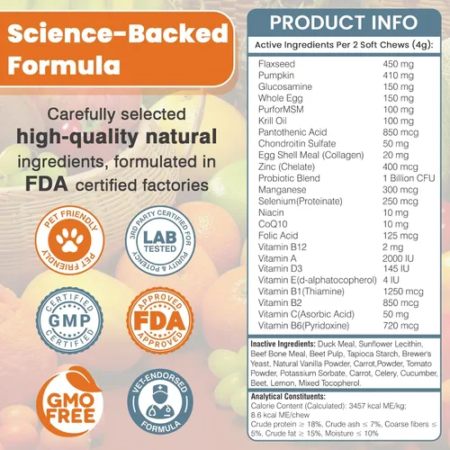 Miniatura 6 de Vitaminas y suplementos 24 en 1 para perros, 200 unidades, multivitamínico masticable para perros, contiene condroitina, probióticos, Omega-3