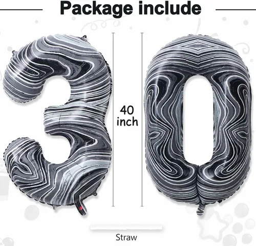 Miniatura 3 de Globos gigantes de papel de aluminio de mármol negro de 40 pulgadas, globos gigantes de helio número 30 para decoraciones de cumpleaños de 30 años