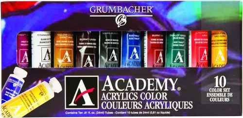 Grumbacher Academy - Pintura acrílica, brillo, tubo de metal de 0.8 fl oz/0.8 onzas, juego de 10 colores, C1030 Juego de mezcla de 10 colores