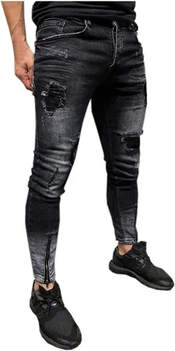 Pantalones de entrenamiento con cremallera para hombre con bolsillo, pantalones de mezclilla elásticos ajustados para hombre, desgastados, rasgados,
