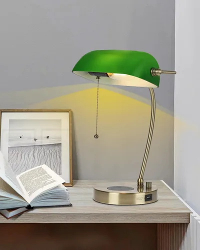 Miniatura 2 de Lámpara de Escritorio de Banquero de Cristal Verde con Cargador Inalámbrico, Puerto de Carga USB para Oficina en Casa, Lámpara de Mesa Regulable sin
