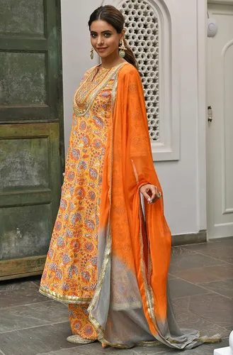 Miniatura 4 de Janasya Kurta india de algodón mostaza bordado con palazzo y dupatta