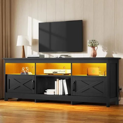 Miniatura 11 de YITAHOME Soporte de TV para televisores de 65 pulgadas, centro de entretenimiento con armarios de almacenamiento, toma de corriente y luz LED, Negro