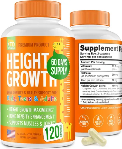 Miniatura 8 de Paquete de 2 cápsulas de apoyo al crecimiento de la altura para niños, fórmula de desarrollo diario con calcio, vitamina D3 y zinc, apoyo óseo