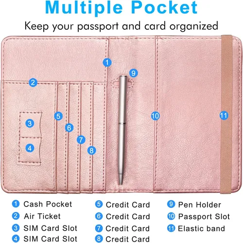 Miniatura 9 de ACdream - Funda para pasaporte, billetera o cartera de viaje de piel con bloqueo RFID para pasaporte con cierre de banda elástica, Ab-oro rosa)