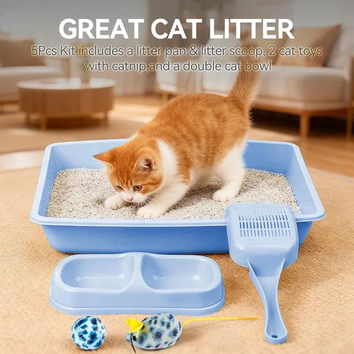 Miniatura 5 de PAWISE Juego de 5 piezas de caja de arena para gatos recién nacidos, bandeja de arena para gatos poco profundos, cuencos de alimentación, kit de Azul