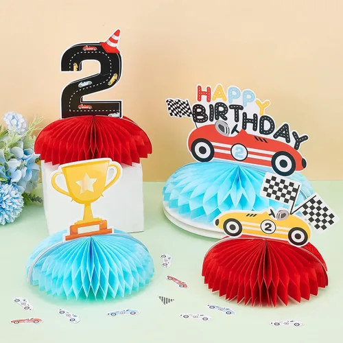 Miniatura 2 de Fangleland 8 centros de mesa rápidos de panal de abeja, temática de auto de carreras retro, decoración de mesa 3D para fiesta de segundo cumpleaños