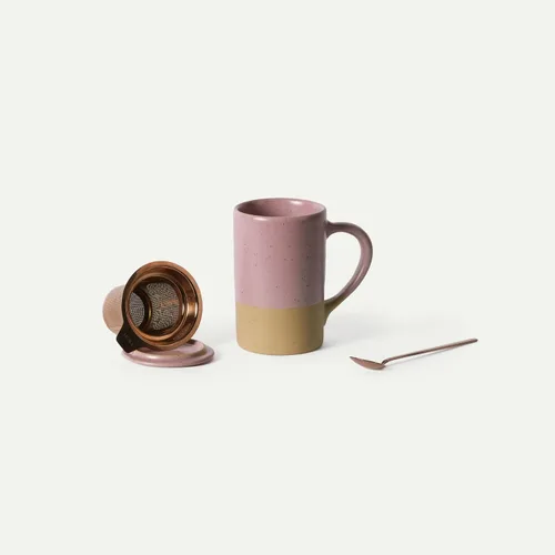 MORA Taza de té de cerámica con infusor de hojas sueltas, cuchara y tapa, 12 onzas, taza de café apta para microondas y lavavajillas, esmalte de