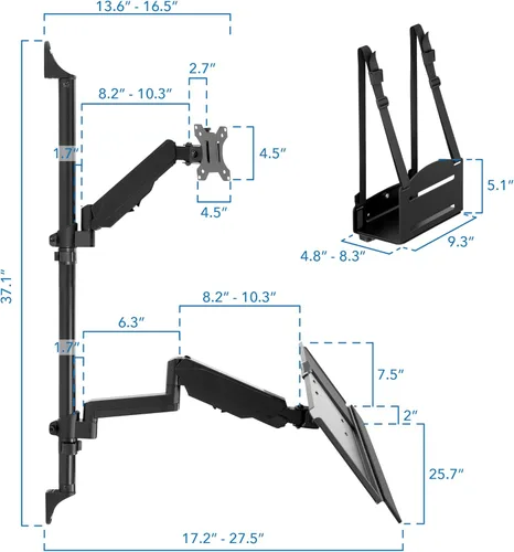 Miniatura 8 de Mount-It! Estación de trabajo de montaje en pared con soporte para monitor individual, bandeja para teclado y soporte para CPU, brazos ajustables