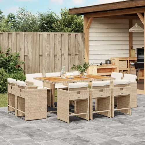 Miniatura 10 de 17-Piece Brown Poly Rattan Patio Dining Set with Cream White Cushions, Foldable Chairs and Tempered Glass Table for Outdoor Garden Backyard Patio