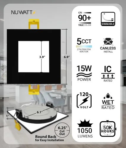 Miniatura 2 de NUWATT Paquete de 6 luces LED empotrables cuadradas ultrafinas de 6 pulgadas, seleccionables 2700 K/3000 K/3500 K/4000 K/5000 K, alto brillo 1050