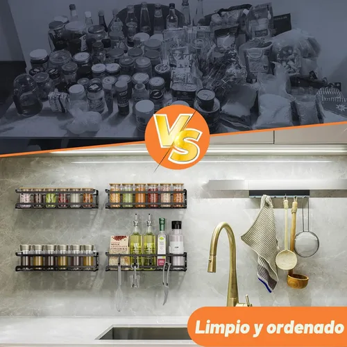 Miniatura 5 de Bunoxea Estante para especias montado en la pared, paquete de 2 unidades, organizador de especias que ahorra espacio para tarros de especias y Negro