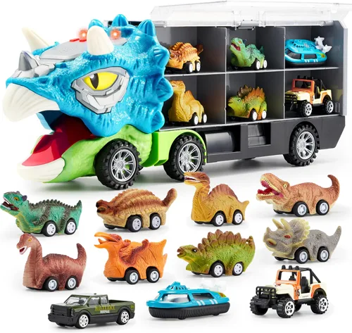 JOYIN Juguetes de Dinosaurio 13 en 1 para Niños de 3-5, Camión de Dinosaurio Triceratops con 12 Autos de Retroceso, Juguetes de Regalos de