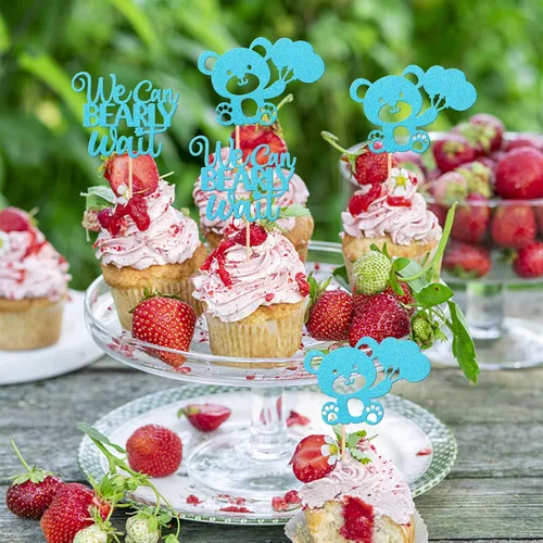 Miniatura 4 de 24 PIEZAS Oso de Peluche con Texto "We Can Bearly Wait" Adornos de Cupcake con Purpurina, Globo Oso para Revelación de Género, Adornos de Baby