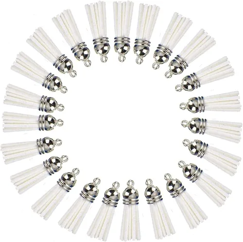 Miniatura 15 de Llavero con borlas de cuero con tapas blancas plateadas, dije de borla para hacer joyas, llavero, pulseras, anillos, manualidades, 30 unidades Negro