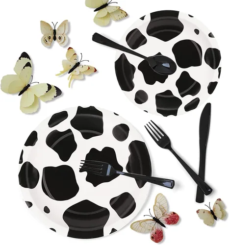 Miniatura 3 de 150 piezas de suministros de fiesta con estampado de vaca, juego de vajilla con estampado de vaca de granja que incluye platos de papel de vaca de 9