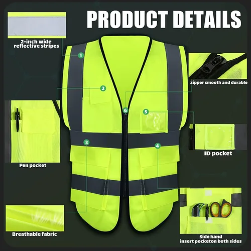 Miniatura 3 de Chaleco de seguridad reflectante de 10 piezas con bolsillos y cremallera de alta visibilidad para mujeres y hombres, trabajo, construcción, ciclismo