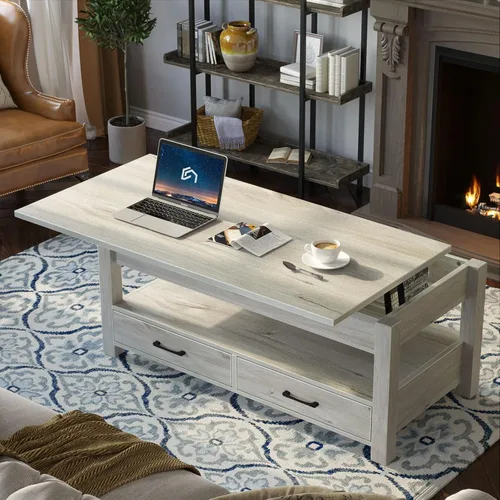 Miniatura 2 de Rolanstar - Mesa auxiliar, mesa de centro con cajones y compartimento oculto, mesa de sala de estar con tablero de elevación de madera, para sala