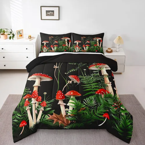 Miniatura 17 de Feelyou Lindo juego de ropa de cama de hongos kawaii tamaño individual para niños y niñas, decoración de hongos salvajes, juego de edredón