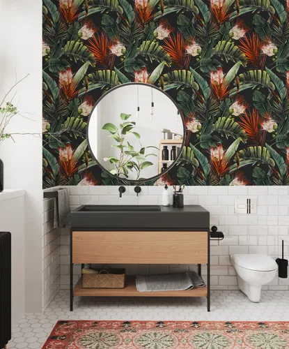 Miniatura 3 de HAOKHOME Papel tapiz removible con diseño floral de selva para despegar y pegar, papel de pared de vinilo negro/verde/rojo, papel de contacto, 17.7