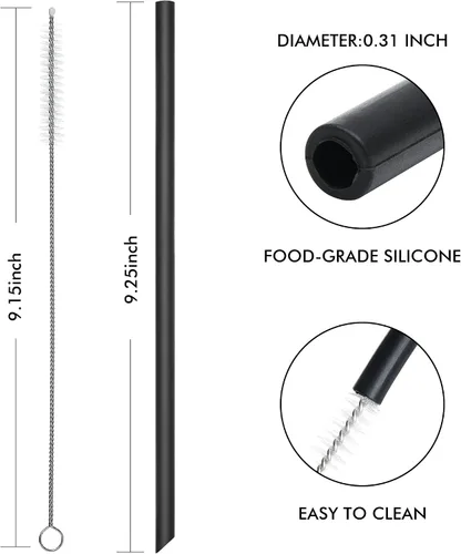 Miniatura 2 de Pajitas de silicona reutilizables, 8 popotes rectos largos y flexibles negros con 2 cepillos de limpieza para vasos Rtic/Ozark/Stanley de 20 onzas