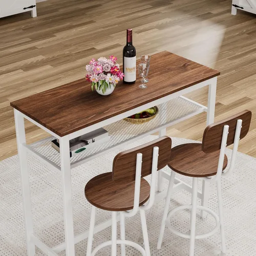 Miniatura 5 de LUMISOL Juego de mesa de barra de 3 piezas con almacenamiento para 2, moderno juego de mesa de comedor de metal con 2 taburetes, ahorra espacio