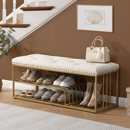 Banco de lino con almacenamiento de zapatos de entrada con asiento acolchado copetudo, banco otomano con marco mental dorado para dormitorio, Beige