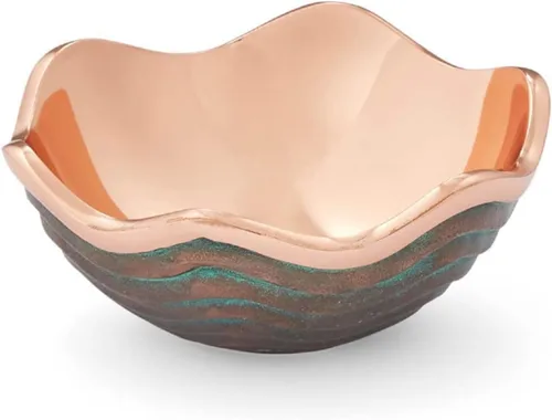 Tazón Nambé Copper Canyon – Tazón decorativo de cobre con acento de 4.5 pulgadas y pátina verdegris, diseño escultórico de borde festoneado,