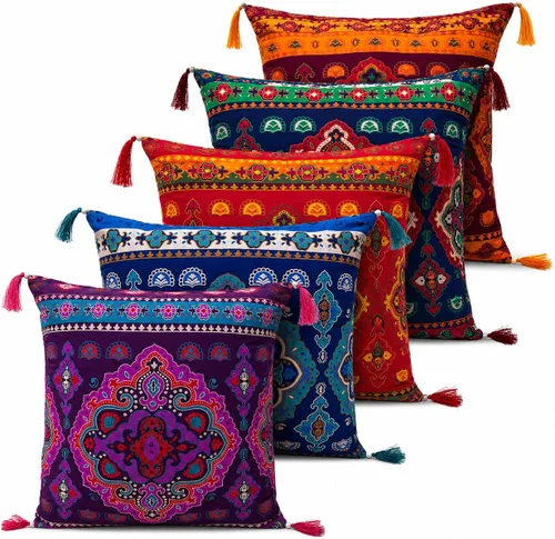 Juego de 5 fundas de almohada étnicas indias para sofá, decoración de árabe occidental, juego de 5 fundas coloridas de estilo bohemio para sofá,