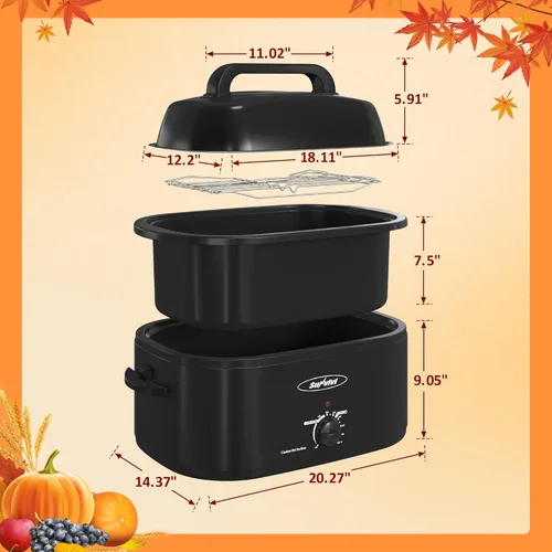 Miniatura 8 de Sunvivi Horno Eléctrico de 26 Cuartos con Tapa de Autohilvanado, Horno Eléctrico para Pavo con Bandeja Extraíble, Buffet de Asador de Pavo con Asas