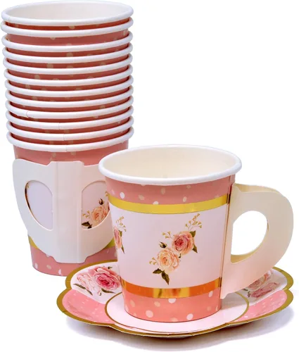 Miniatura 3 de Gift Boutique Juego de 36 tazas de té de papel con asas y 36 platillos en forma floral desechables para niños y adultos, cumpleaños, baby shower
