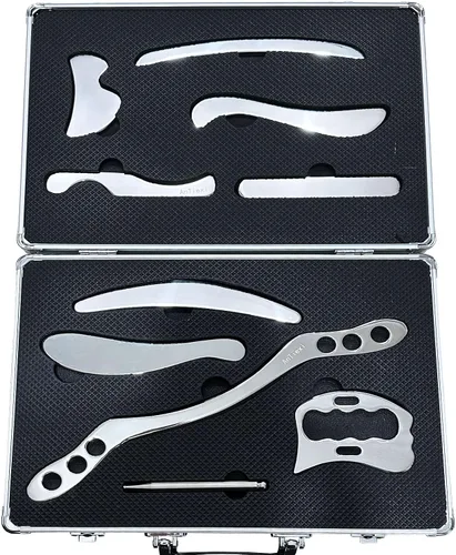 Juego de herramientas de masaje de raspado Gua Sha de acero inoxidable, juego de herramientas IASTM, gran herramienta de movilización de tejidos