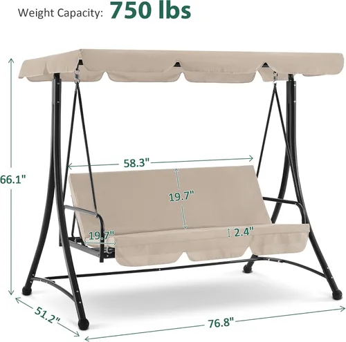 Miniatura 4 de MCombo Columpios de patio de 3 asientos con marco de acero resistente a la intemperie, toldo ajustable, columpio reclinable para porche al aire Beige