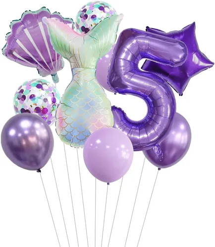 Miniatura 20 de 7 globos de sirena con números para fiesta de cumpleaños de 1, 2, 3, suministros de decoración de cola de sirena para niñas (número 0)